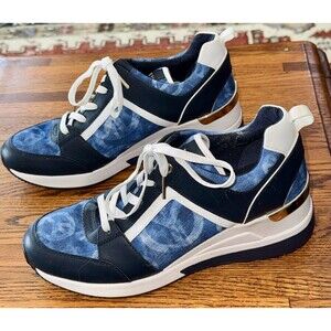 Michael Kors Georgie Trainer MK Denim Leather Canvas Sneakers Womens Size 8.5